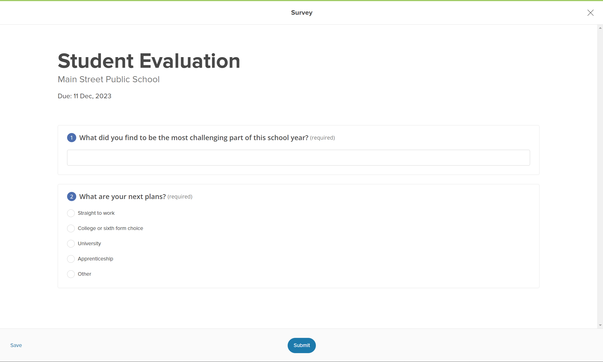 Example of a student survey in Xello. The survey is called Student Evaluation. The questions are What did you find most challenging this school year? And What are your next plans?